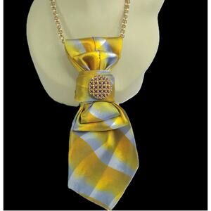 Artisan Upcycled Silk Tie Necklace Vintage Chain Pearls Gold Silver Striped NEW